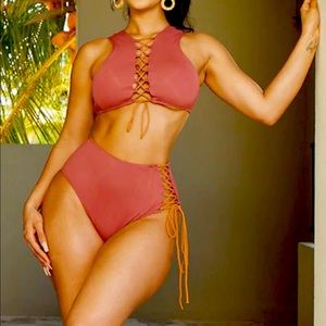 Brown rib knit bikini featuring rope tie strings